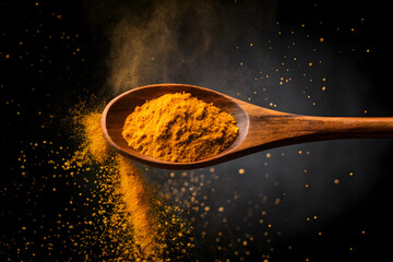 Turmeric Powder in Wooden Spoon on Dark Background
