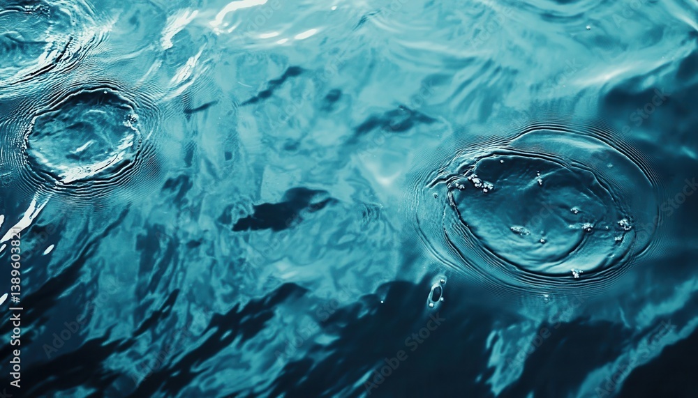 Poster close up of blue water surface with ripples and circular patterns caused by droplets creating an abs