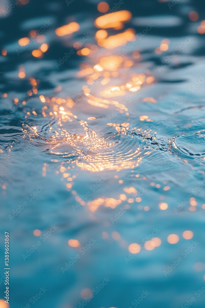 Poster close up of blue water surface with sparkling bokeh and ripples forming abstract patterns creating a
