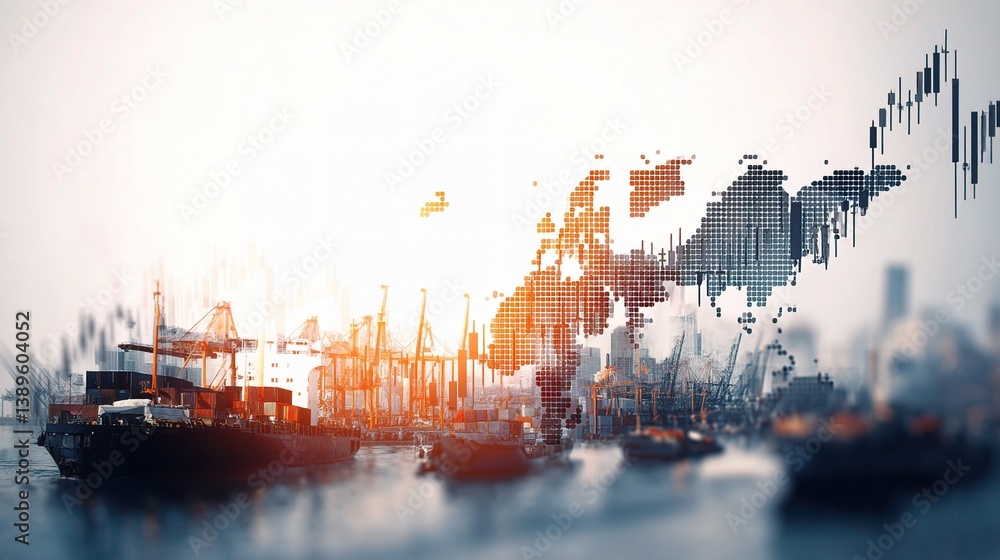 Poster global shipping network with double exposure effect and graph overlay