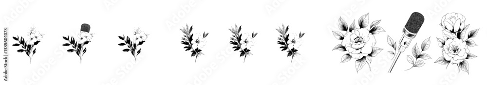 Poster vintage microphone drawings and monochrome prints feature in a set of retro engraving art that inclu