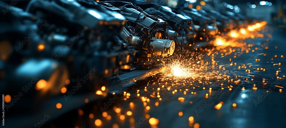 Poster automated welding robots producing parts with sparks and intense heat energy