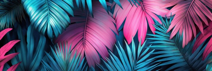Vibrant tropical background featuring bold neon palm leaves in pink, blue, and green for a stylish jungle aesthetic