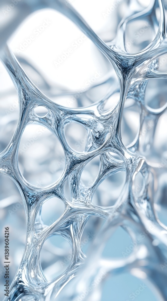 Poster Close Up of Interconnected Cellular Structure Material in Blue and White Hues Creating an Abstract Three Dimensional Network with Intricate Microscopic Patterns