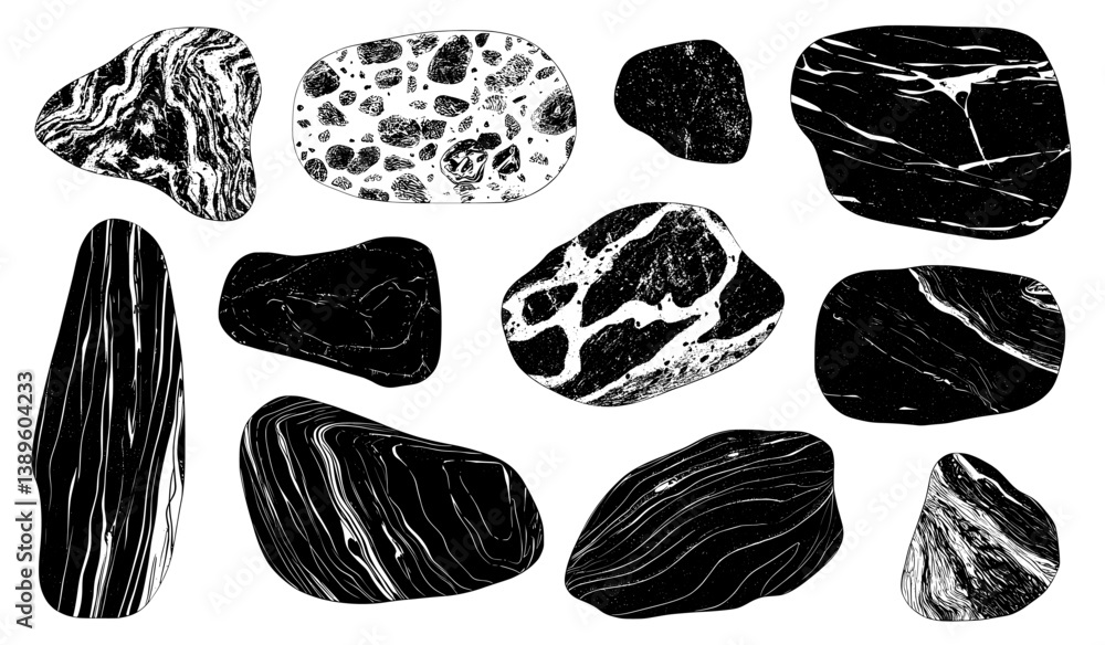 Poster ink rock stone spots and black pebble silhouettes against abstract waters with liquid streamlined pu