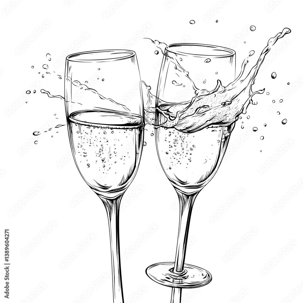 Poster champagne glasses that are empty and have splashes, as well as other objects, are part of a modern e