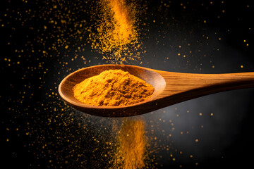 Turmeric Powder in Wooden Spoon on Dark Background