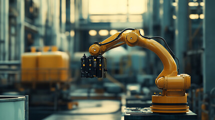 A robotics expert developing robots for hazardous waste cleanup in industrial sites, industrial site with robots and waste containers visible, High-tech style