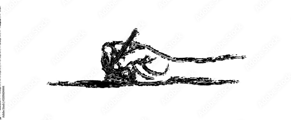 Poster modern illustration featuring a continuous one-line drawing of a human hand writing, utilizing a pen