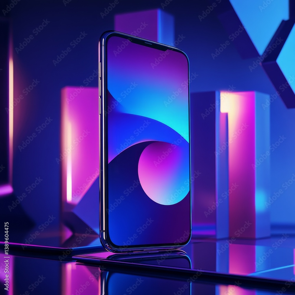 Poster Modern Smartphone Display with Abstract Neon Background and Reflective Surface (High Tech Product Showcase)
