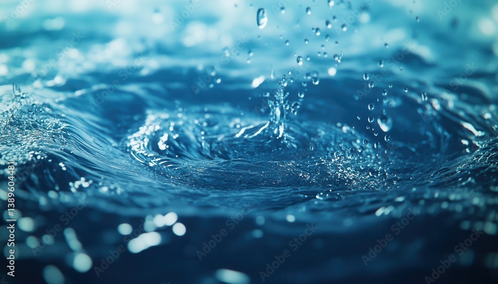 Poster close up of turquoise blue water surface with ripples and splashes in dynamic motion creating an abs