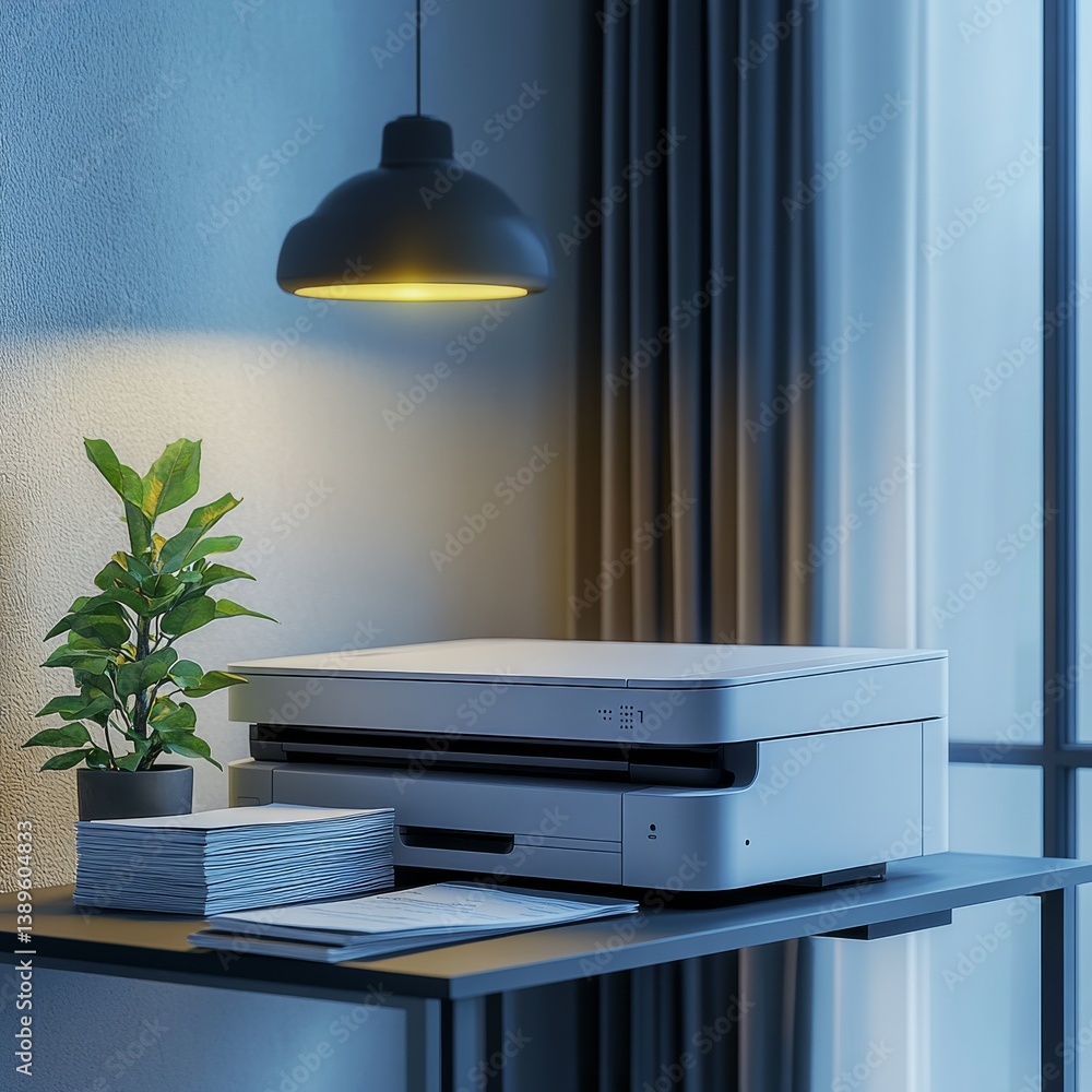 Poster Office Productivity: A Modern Printer on a Desk with Stacked Papers and Illuminated by a Hanging Lamp
