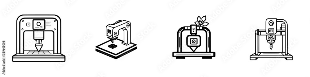 Poster collection of minimalist line icons depicting various types of modern machinery and tools for creati