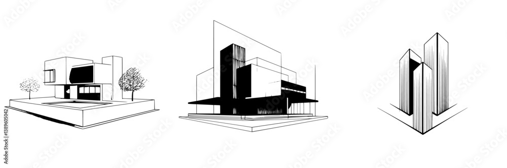 Poster collection of vector minimalist line icons showcasing modern architecture and geometric structures i