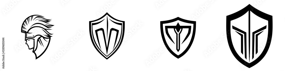 Aufkleber vector minimalist line icons showcasing various shield designs and a warrior figure for graphic and 