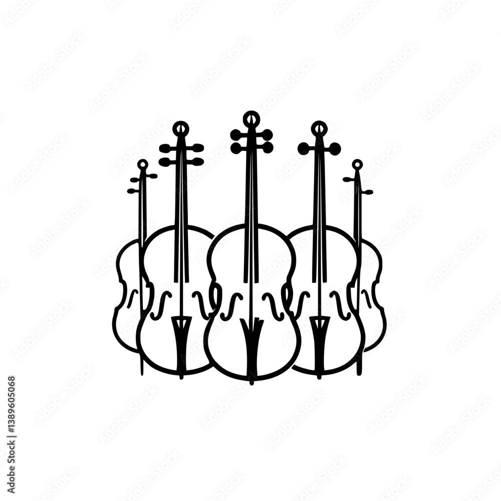 Poster collection of minimalist line icons depicting various stringed instruments in a creative, simple sty