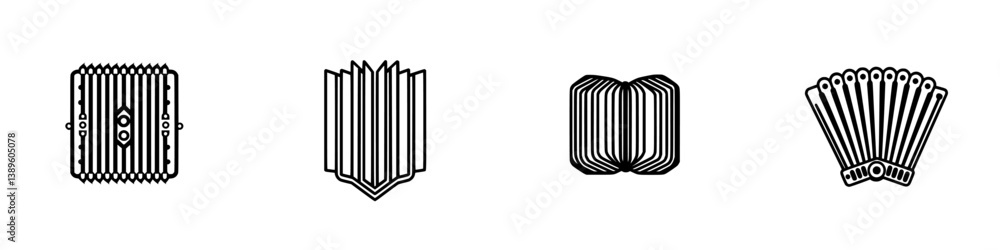 Poster minimalist line icons set showcasing various accordion instruments designed in a simple and elegant 