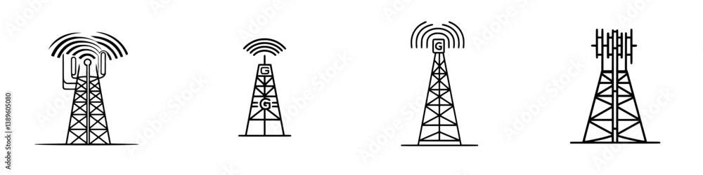 Poster minimalist line icons depicting various types of communication towers with radio wave signals and di