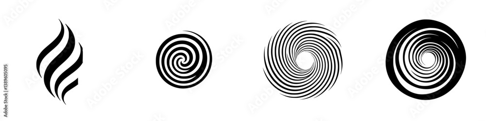 Poster collection of minimalist vector line icons representing abstract swirl and flame designs in black an