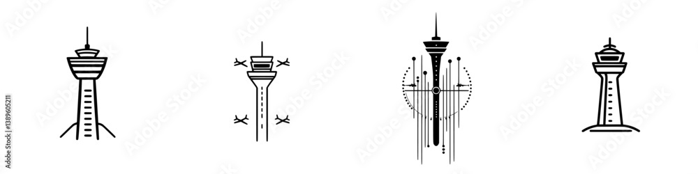 Poster vector minimalist line icons depicting various tower structures in an urban setting showcasing moder