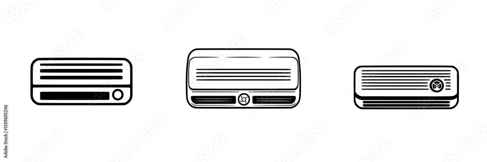Poster minimalist line icons depicting various air conditioning units designed for modern graphics and digi