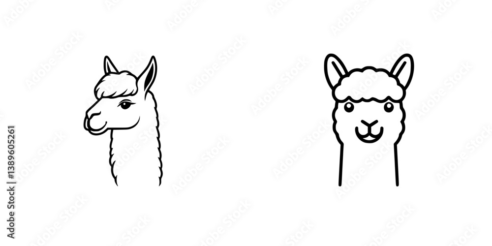 Poster collection of minimalist line icons depicting friendly llamas in unique designs suitable for various