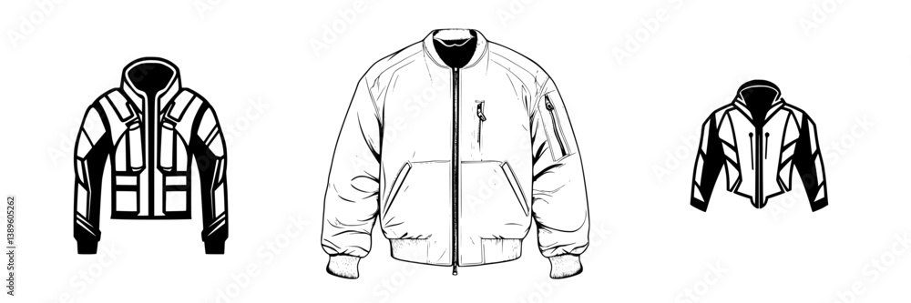 Poster minimalist line icons depicting various types of outerwear designed for fashion and functionality in
