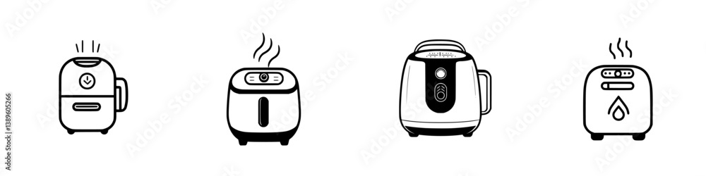 Poster vector minimalist line icons showcasing various air fryers in a simple and clean design, ideal for k