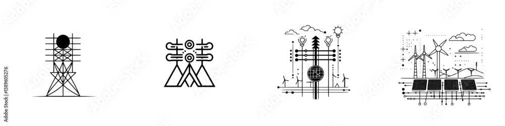 Poster collection of minimalist vector line icons representing renewable energy sources and infrastructure 