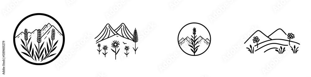 Poster minimalist line icons representing mountains and plants in a nature-inspired design with various flo
