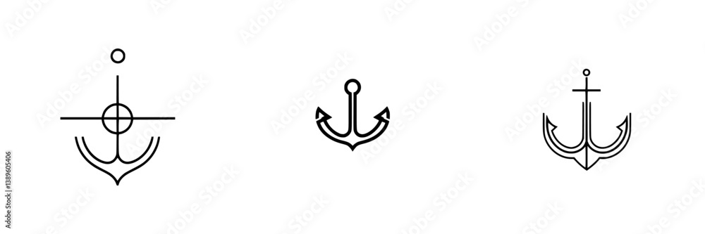 Poster collection of minimalist line icons depicting various anchor designs and nautical symbols for graphi