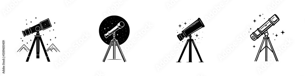 Poster minimalist line icons of telescopes displaying various designs and features suitable for astronomy-r