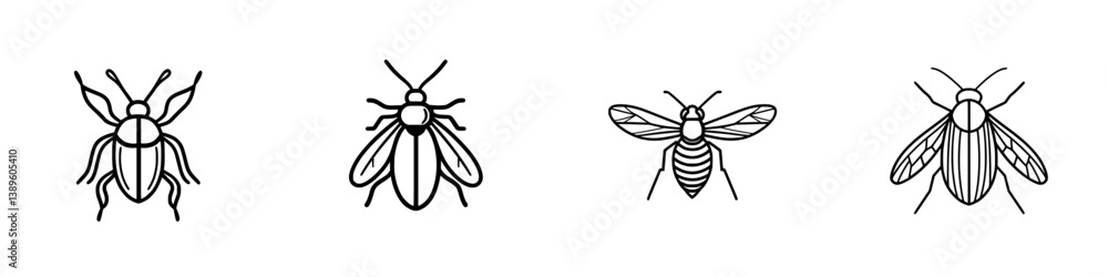 Poster set of minimalist line icons depicting various types of bees and insects designed for modern graphic