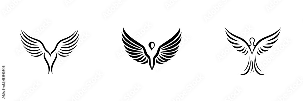 Poster vector minimalist line icons featuring stylized wings and angelic figures for modern design projects