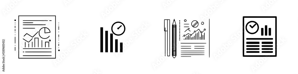 Poster minimalist line icons representing data analysis, reporting, and metric tracking for modern design p