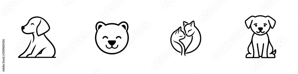 Poster collection of vector minimalist line icons depicting various animals in a simple and clean design fo