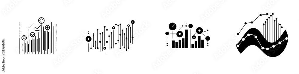 Poster collection of minimalist line icons showcasing data visualization concepts and graphical representat