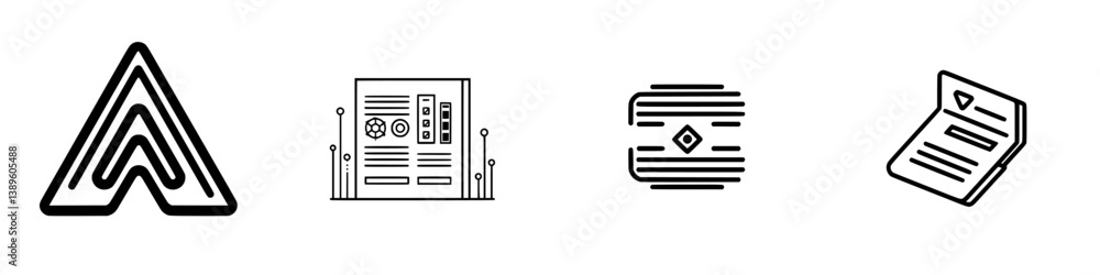 Poster collection of minimalist line icons representing various concepts and designs for modern visual comm