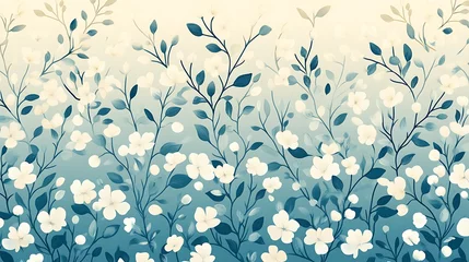 Fototapeten Delicate white blossoms on teal branches, ombre background. © Nu
