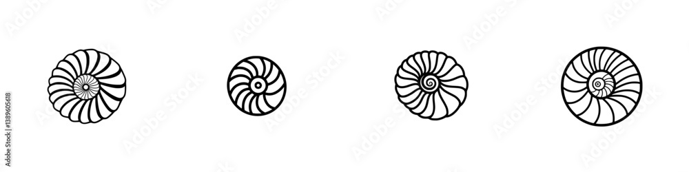 Poster collection of minimalist line icons featuring various spiral shell designs showcasing a modern artis