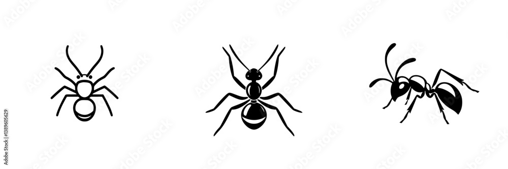 Poster set of minimalist line icons depicting different styles of ants in black and white design for use in