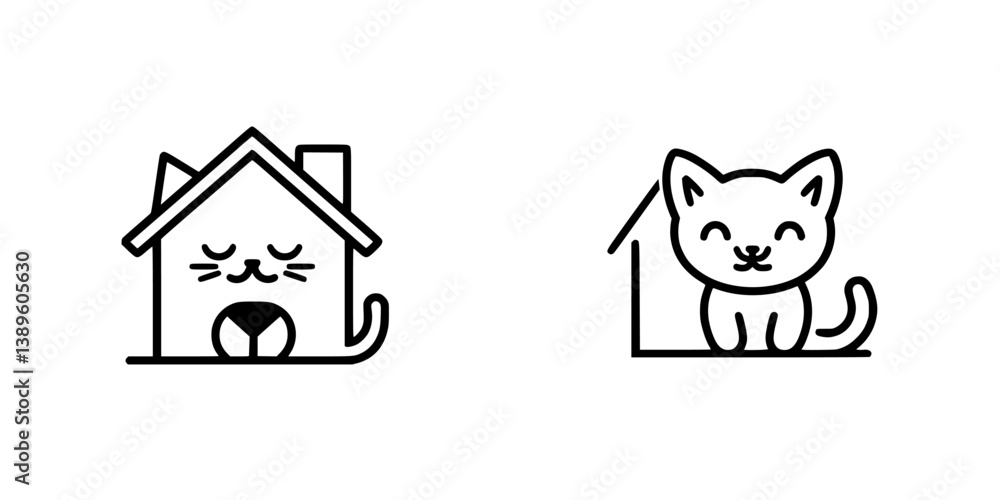 Poster set of minimalist line icons depicting a cat and a house, representing home and companionship in an 
