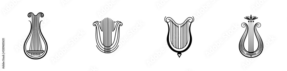Poster collection of minimalistic line icons representing various lyre designs suitable for musical themes 