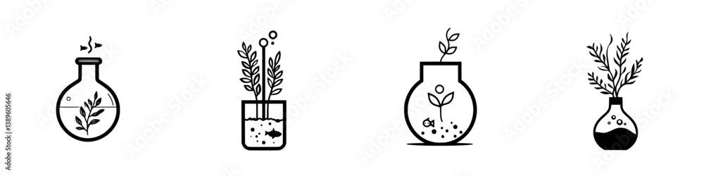 Poster set of minimalist line icons featuring plants in various glass containers for modern design use