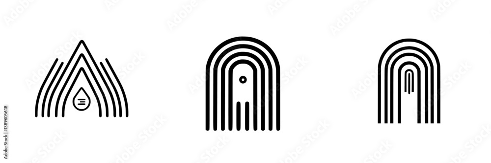 Poster collection of minimalist vector line icons representing arches and drops in a simple design style