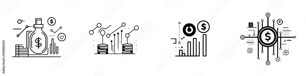 Poster minimalist vector line icons depicting various aspects of finance and investment concepts for digita