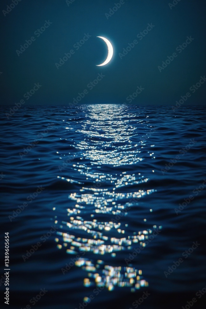 Poster crescent moon reflecting on dark blue ocean at night creating sparkling path landscape with calming 