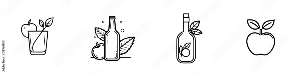 Poster set of vector minimalist line icons featuring fruits and beverages with a focus on apples and bottle
