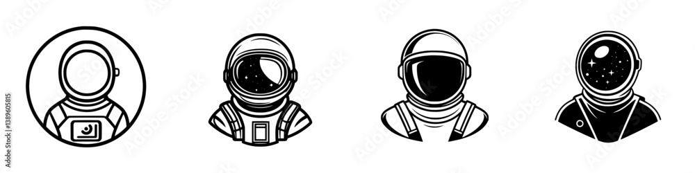 Poster collection of minimalist vector line icons featuring different astronaut designs and styles for spac