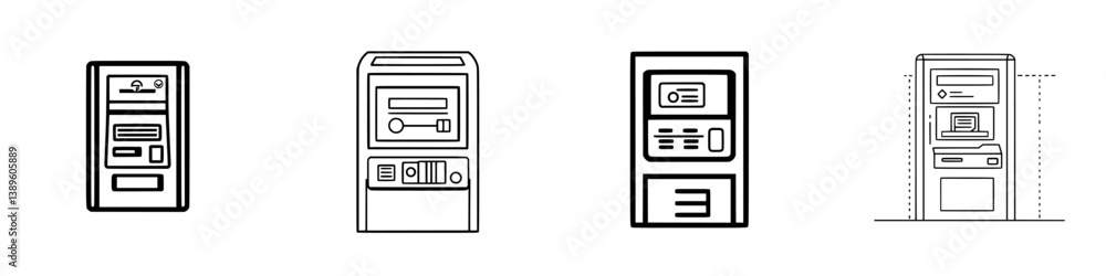 Poster minimalist line icons of atm machines showcasing various designs and features in a flat style